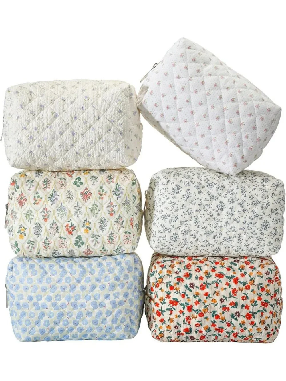 Floral Quilted Makeup Bags Set of 6 - Perfect Bridesmaid Gifts & Travel